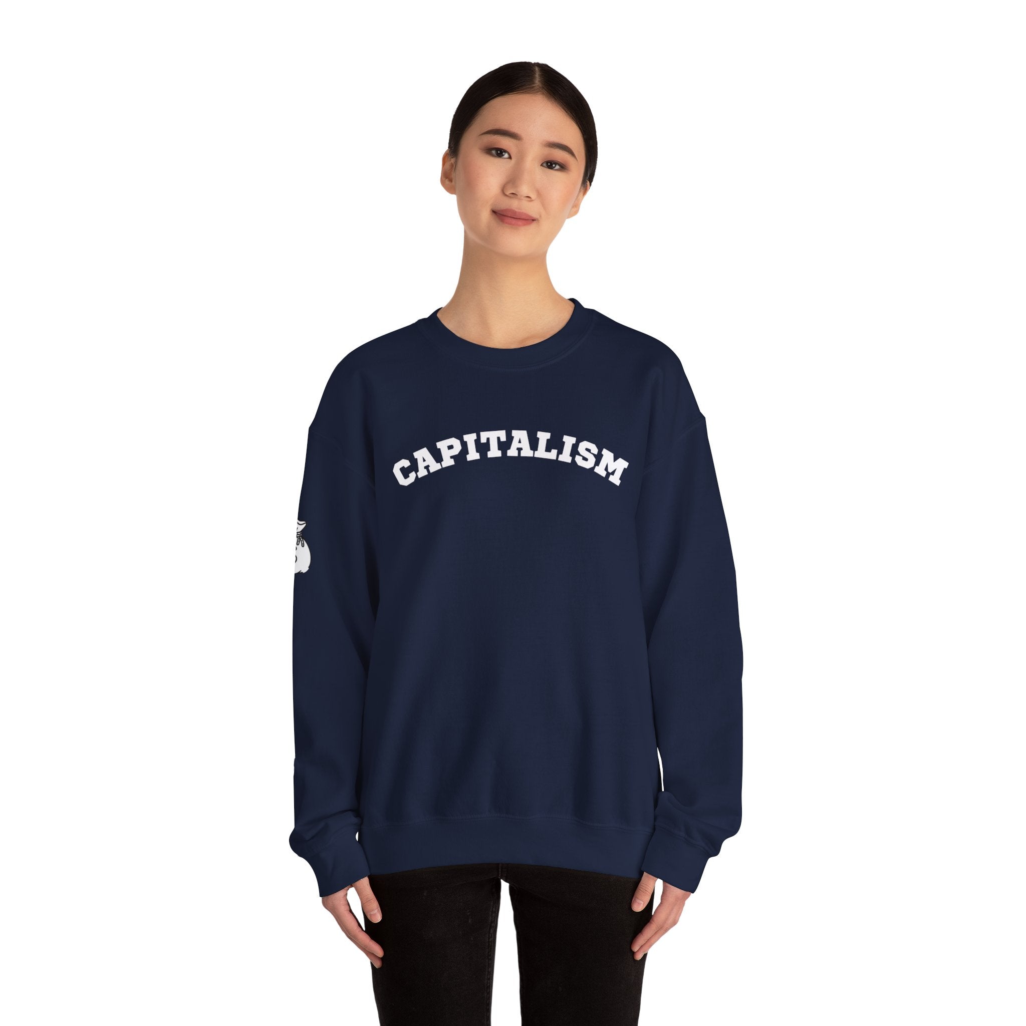 Capitalism Arch Crewneck Sweatshirt — Black Graphic Pullover with Money Bag Sleeve