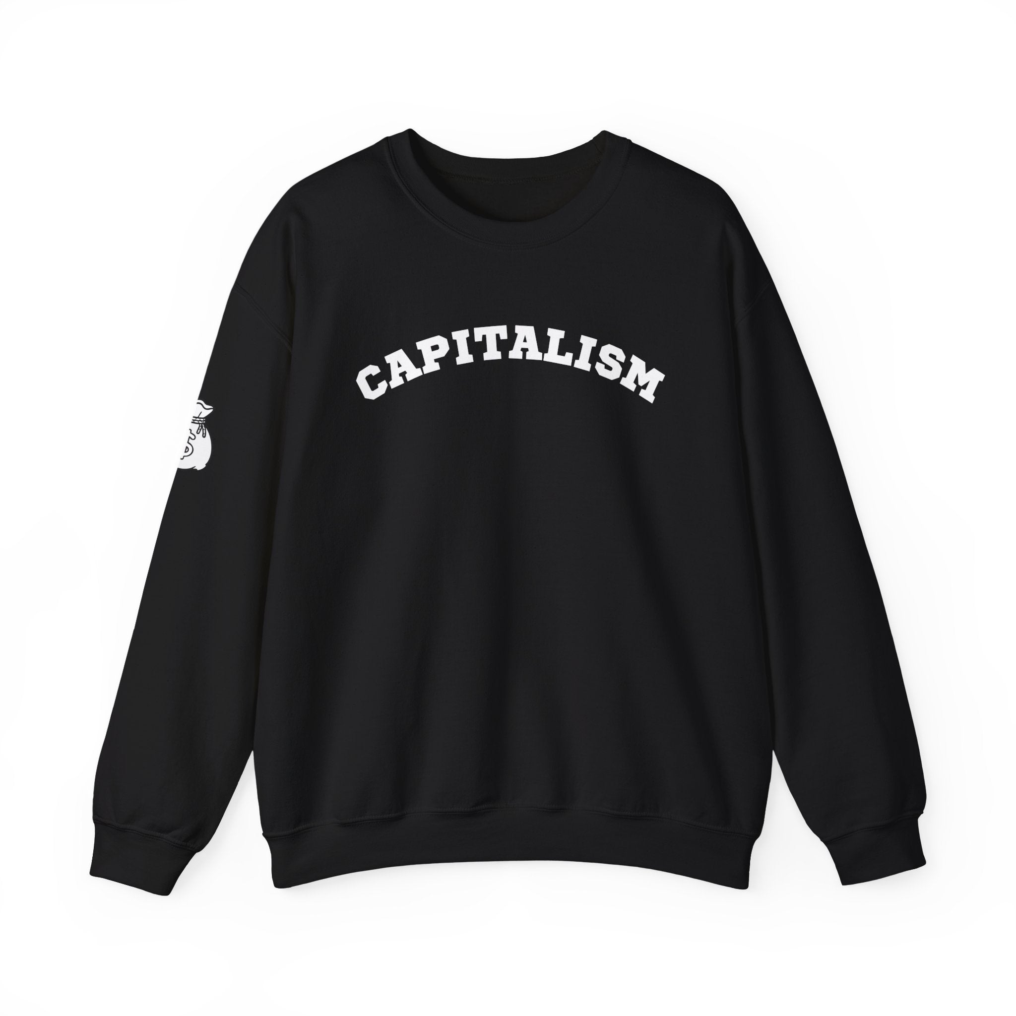 Capitalism Arch Crewneck Sweatshirt — Black Graphic Pullover with Money Bag Sleeve