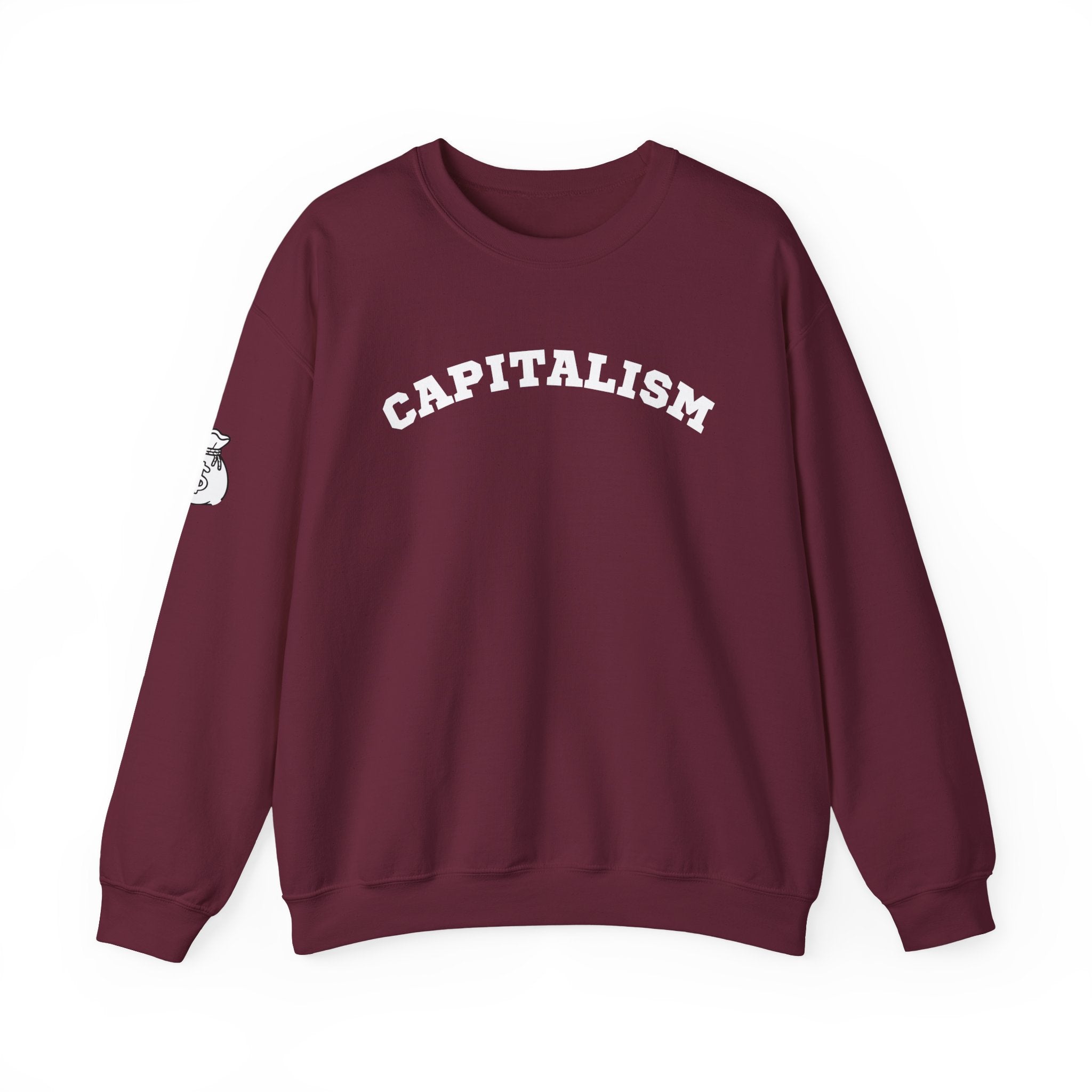 Capitalism Arch Crewneck Sweatshirt — Black Graphic Pullover with Money Bag Sleeve