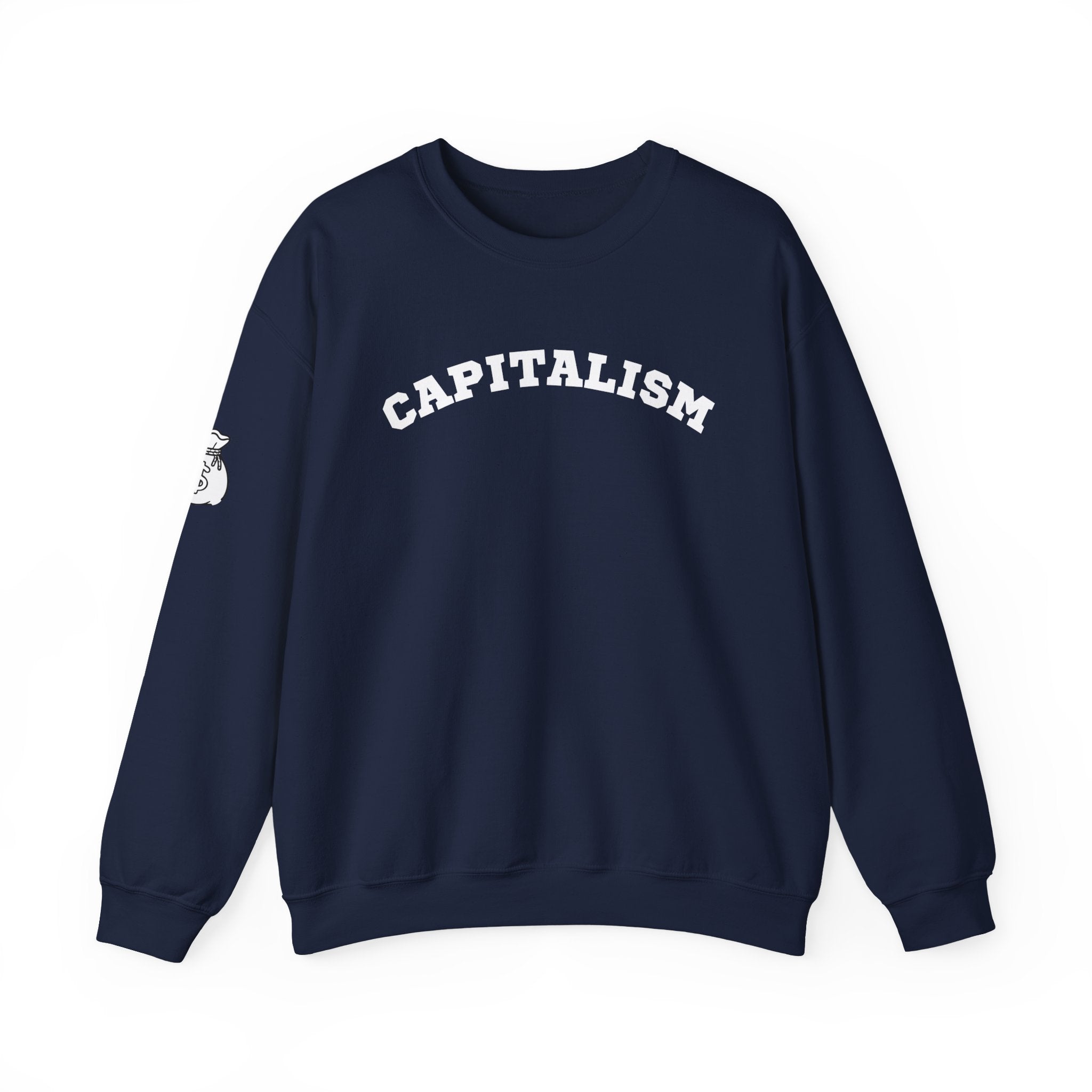 Capitalism Arch Crewneck Sweatshirt — Black Graphic Pullover with Money Bag Sleeve