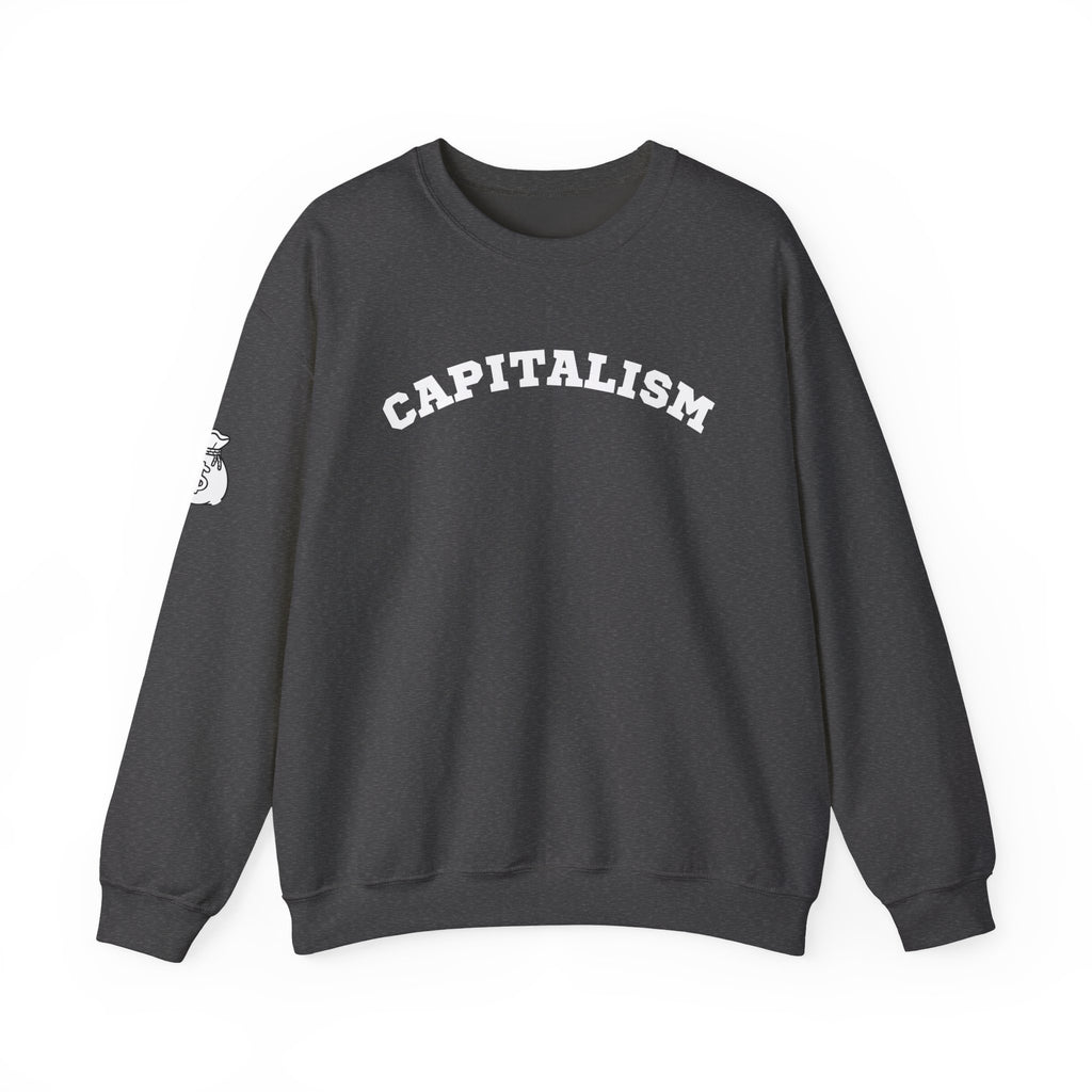 Capitalism Arch Crewneck Sweatshirt — Black Graphic Pullover with Money Bag Sleeve