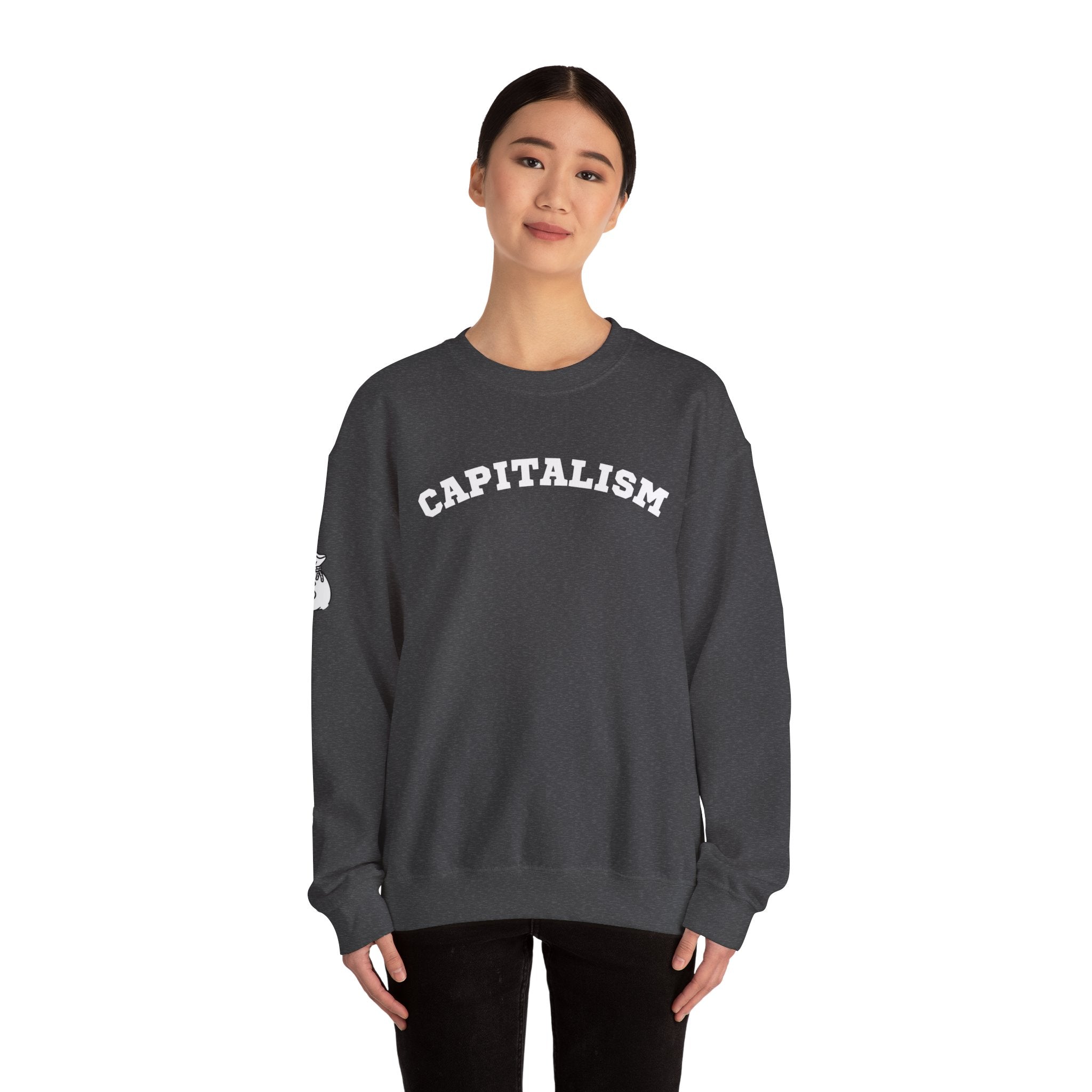 Capitalism Arch Crewneck Sweatshirt — Black Graphic Pullover with Money Bag Sleeve