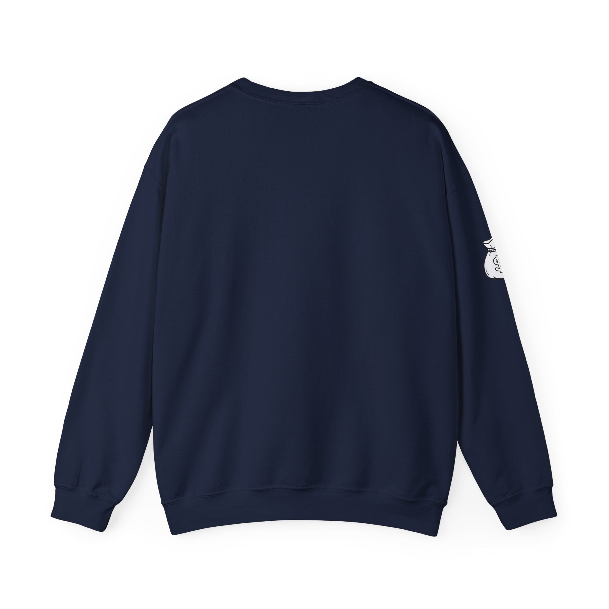Capitalism Arch Crewneck Sweatshirt — Black Graphic Pullover with Money Bag Sleeve