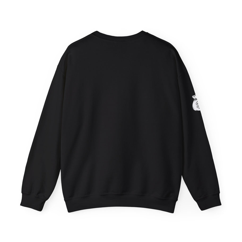 Capitalism Arch Crewneck Sweatshirt — Black Graphic Pullover with Money Bag Sleeve